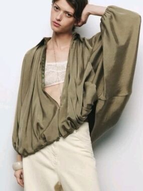 Zara Olive Green Satin Bomber Jacket